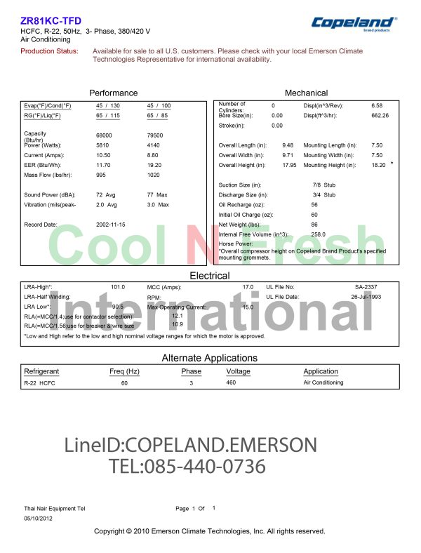Copeland Scroll Compressor Capacity 6 Ton Model ZR81KC-TFD-522 R22