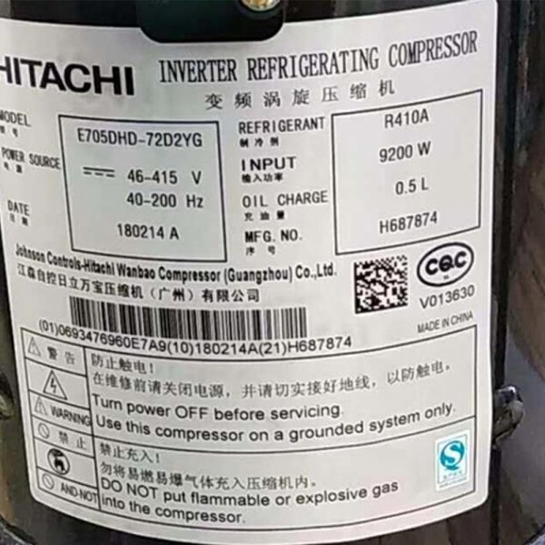 Hitachi Scroll Compressor Capacity 9200-Watt Model E705DHD-72D2YG R410 Inverter