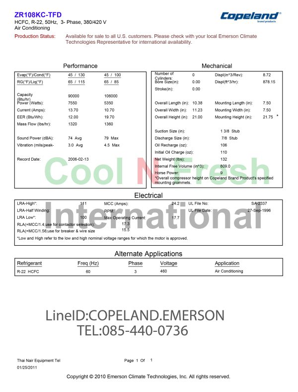 Copeland Scroll Compressor Capacity 7 Ton Model ZR108KC-TFD-522 R22