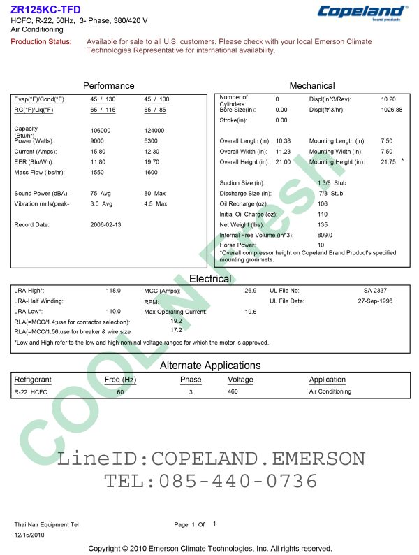Copeland Scroll Compressor Capacity 8 Ton Model ZR125KC-TFD-522 R22