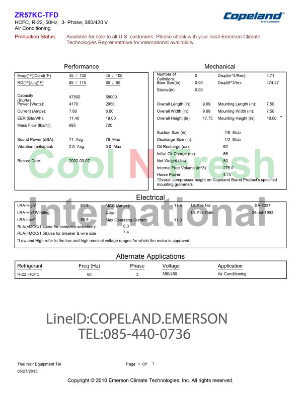 Copeland Scroll Compressor Capacity 4 Ton R22