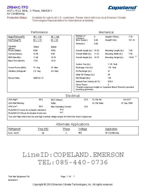 Copeland Scroll Compressor Capacity 6.5 Ton Model ZR94KC-TFD-522 R22