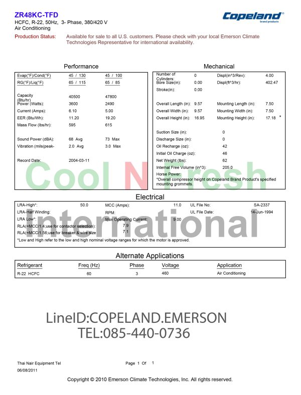 Copeland Scroll Compressor Capacity 3.5 Ton R22